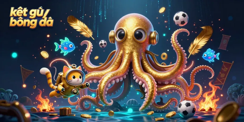Experience kết quả bóng đá with a colossal kraken and diving cat in a vibrant 3D scene.