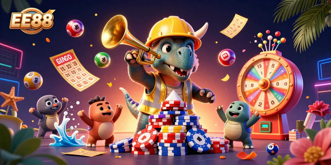 Experience the excitement of EE88 with vibrant lottery balls and celebratory characters in a dynamic casino scene.