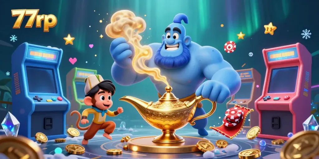 77rp's vibrant gaming scene showcases a genie, monkey, and casino elements in a magical atmosphere.