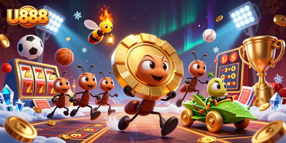 U888 showcases ants carrying a giant poker chip amidst slot machines and sports elements.