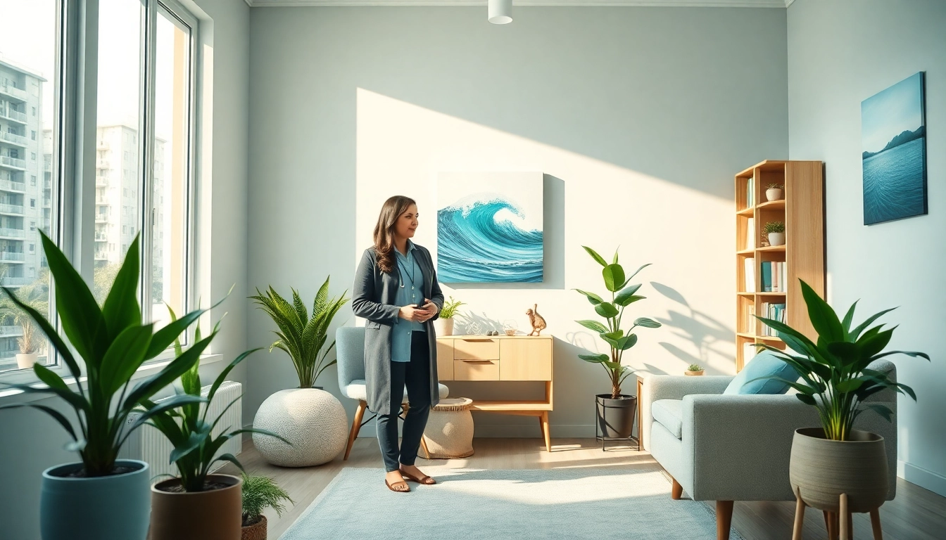 Enhance emotional wellbeing through a therapist-client interaction in a tranquil office.