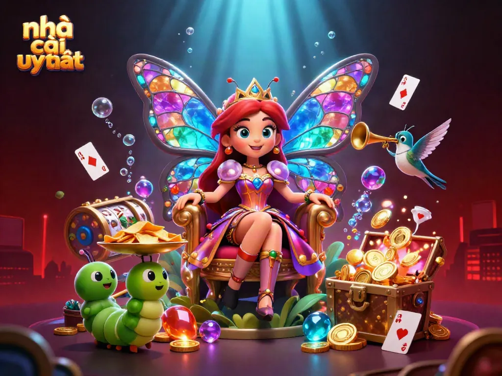 Experience vibrant gaming with the vibrant butterfly queen and caterpillars in an enchanting underwater casino scene promoting nhà cái uy tín.