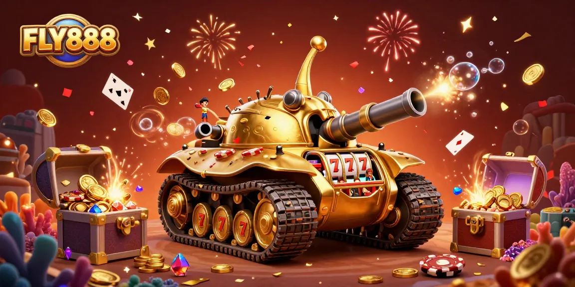FLY888's vibrant casino atmosphere bursts with gold coins and confetti, illustrating endless gaming excitement.