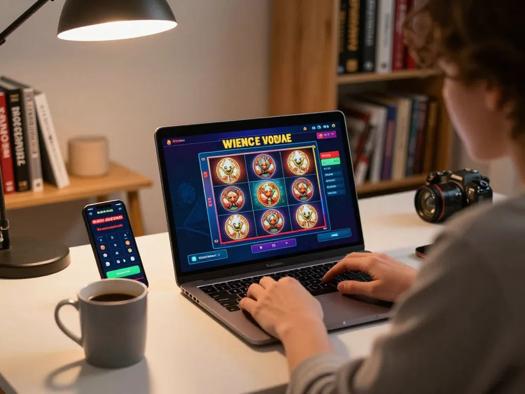Engaging online casino moment with 98wincom gaming on a laptop, showcasing a responsible gambling environment.