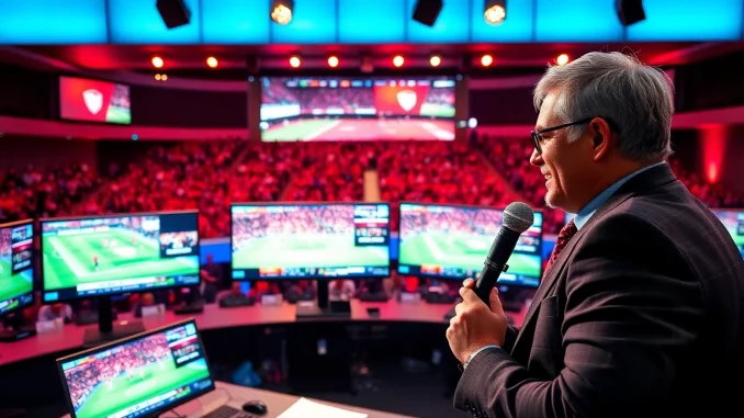 Engaging setup for Sports Broadcasting with live audience reactions and host commentary.