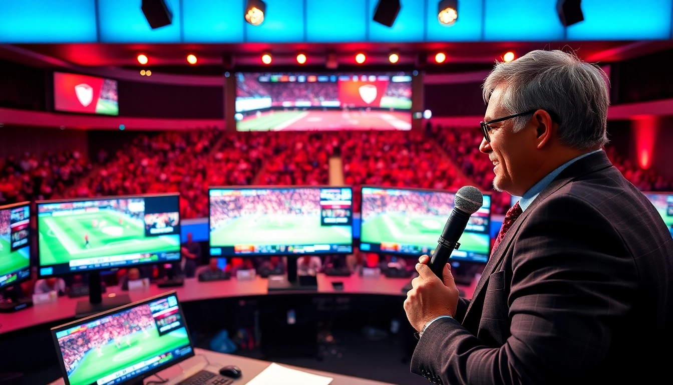 Engaging setup for Sports Broadcasting with live audience reactions and host commentary.