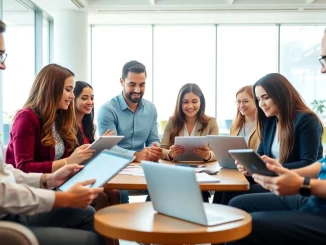 Team collaborating on an eta application uk in a modern office, showcasing engagement and teamwork.