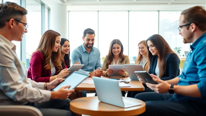Team collaborating on an eta application uk in a modern office, showcasing engagement and teamwork.
