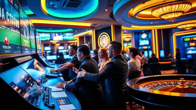 Engaged gamblers placing bets on lu88 sports at a luxurious casino betting terminal.