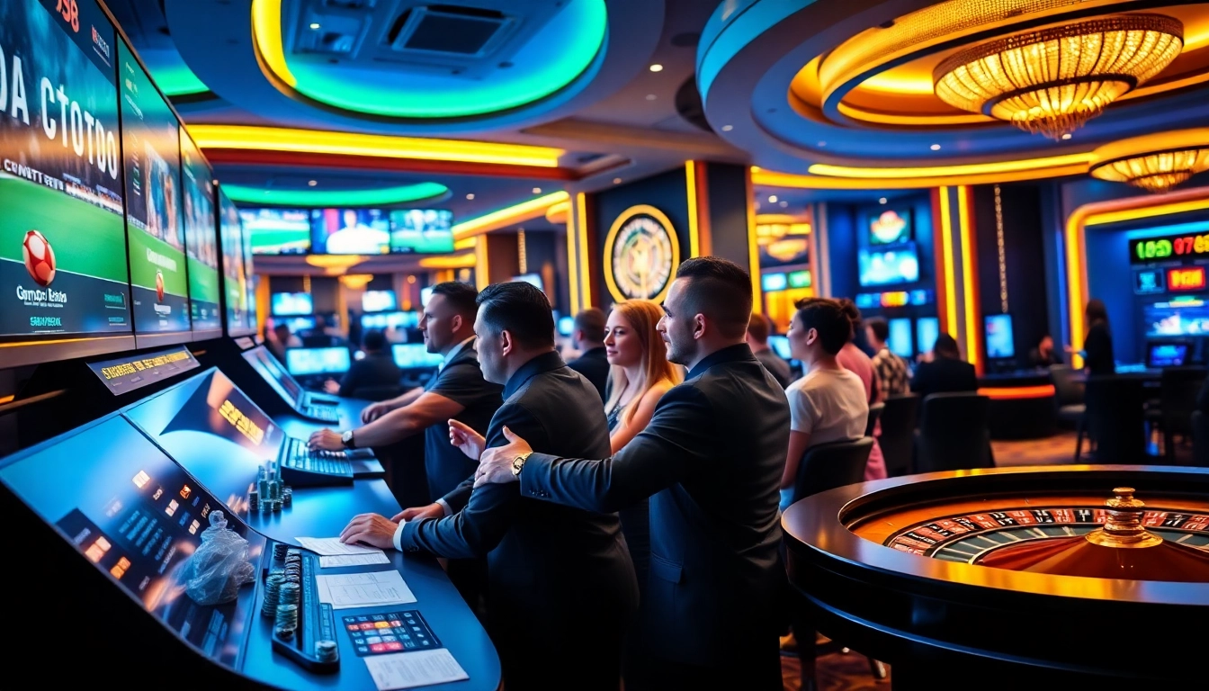 Engaged gamblers placing bets on lu88 sports at a luxurious casino betting terminal.