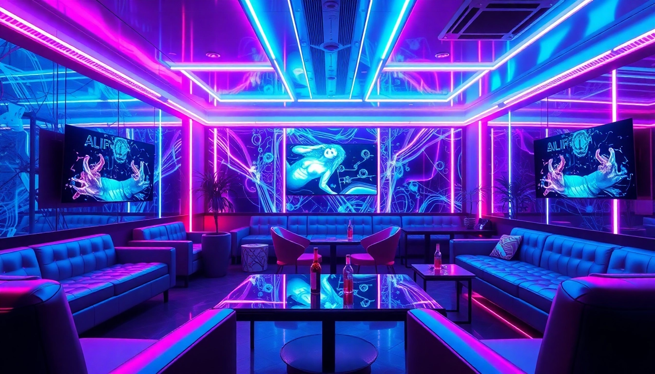 Futuristic adult entertainment scene highlighting AI porn technology integration.