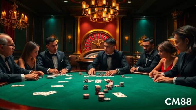 Players enjoying a high-stakes poker game in a luxurious casino setting, highlighting the CM88 gaming experience.