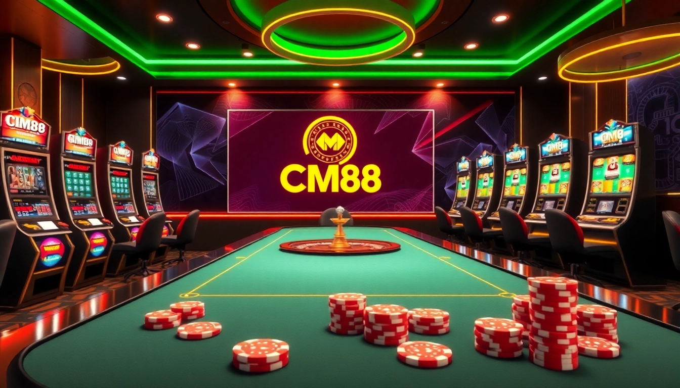 Experience top-tier gaming at CM88, featuring casino tables and slot machines in a luxury setting.