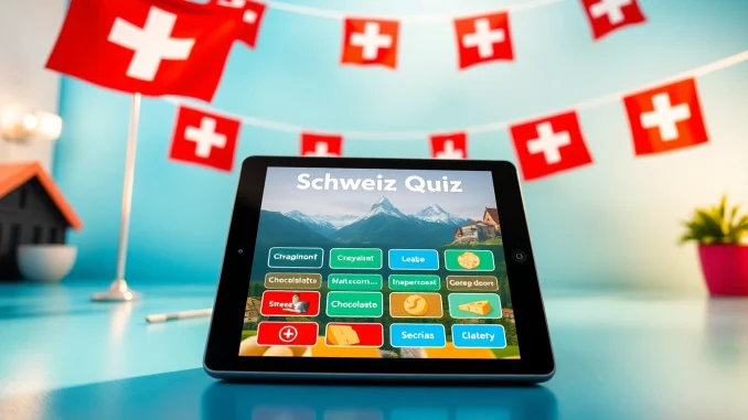 Fesselnde Schweiz-Quiz-Oberfläche auf einem Tablet, mit Fragen zur Kultur und zu Sehenswürdigkeiten der Schweiz.