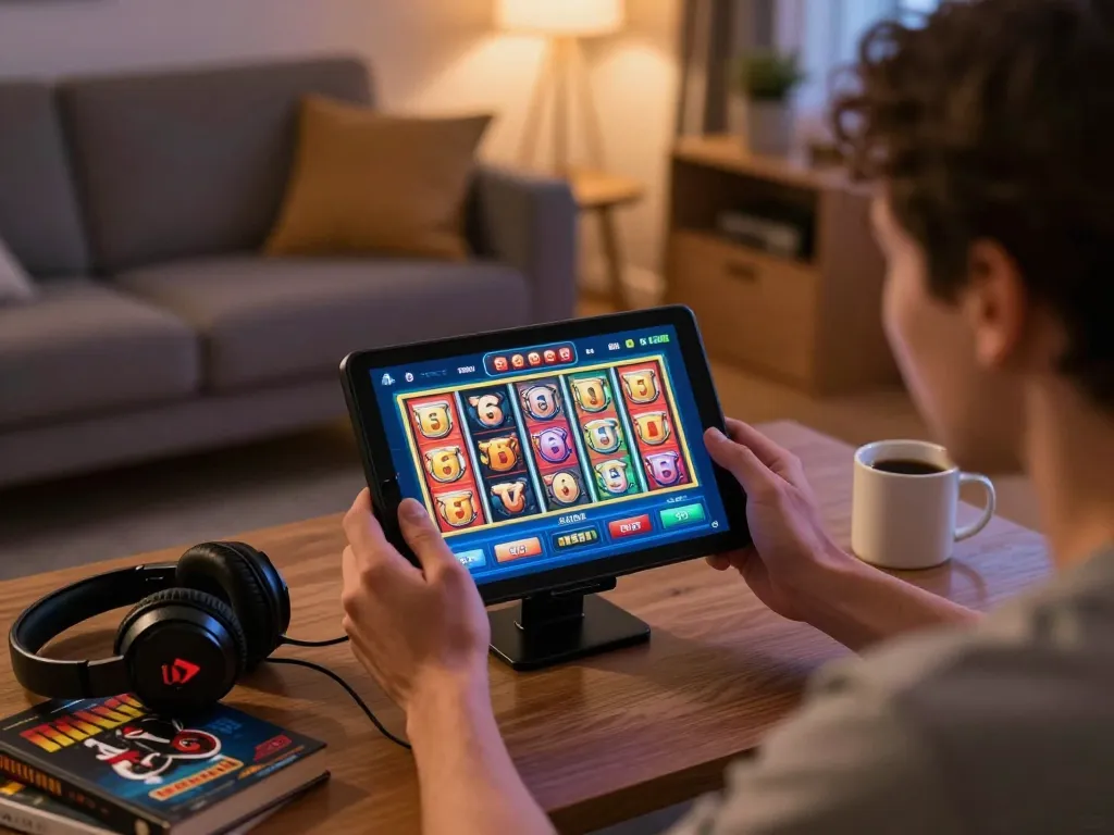 Player enjoying the Jun88 mobile casino app at home, focusing on exciting slot game action.