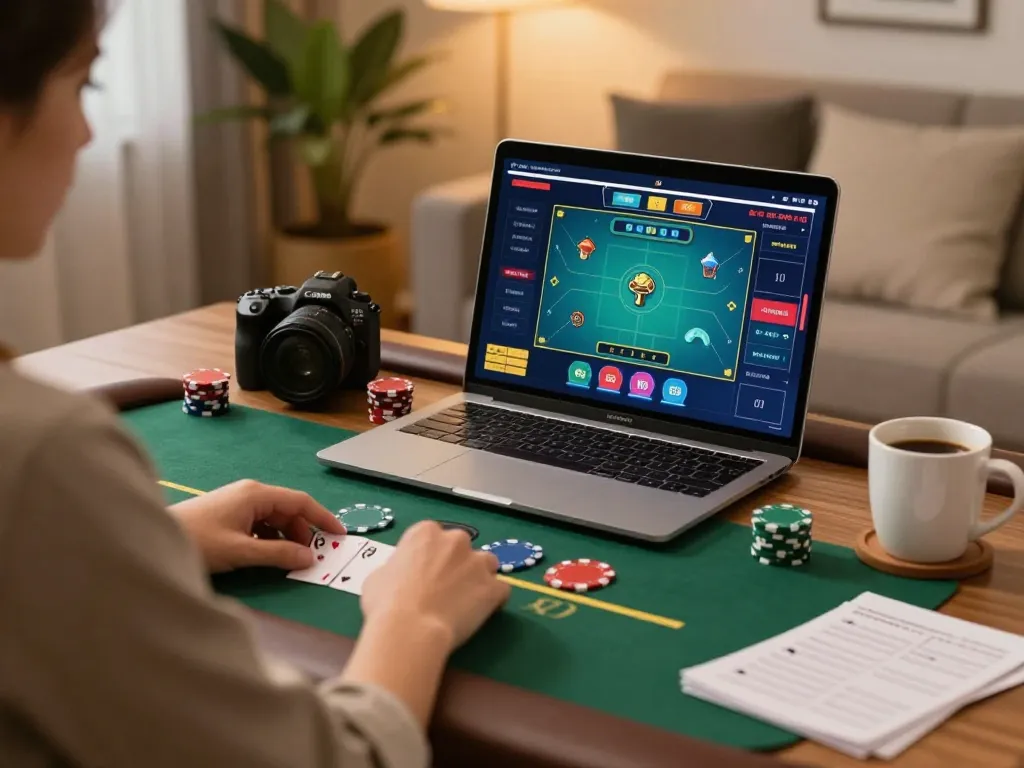 Player engaging in online blackjack on dw8 platform, showcasing modern home gaming setup.