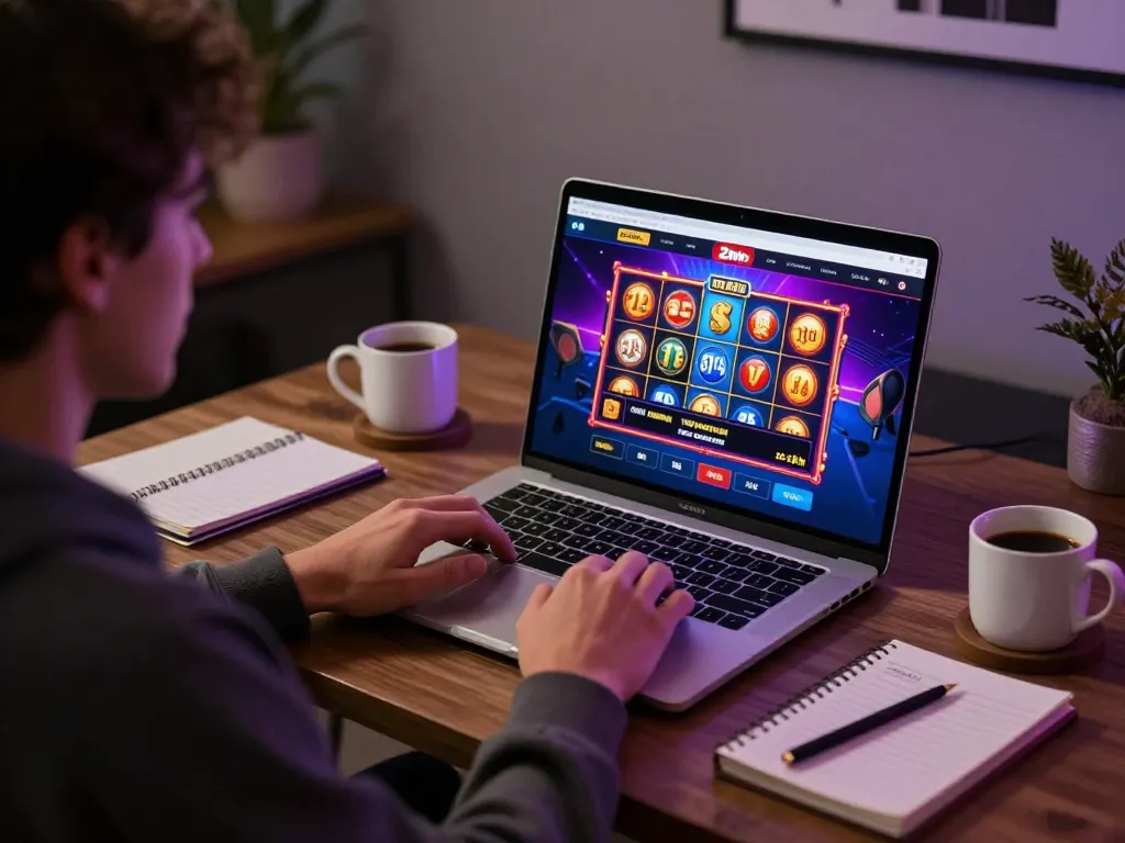 Person gaming on 23win online casino interface at home, engaging with exciting slots and poker