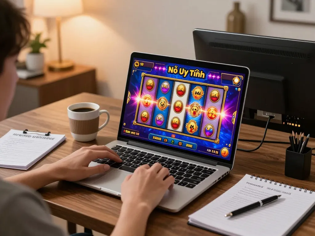 Nổ hũ Uy Tín gameplay on a laptop shows thrilling action and strategy notes.
