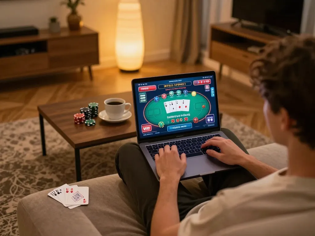 Engaged player using vip66 online casino on a laptop, showcasing a lively poker game setup.