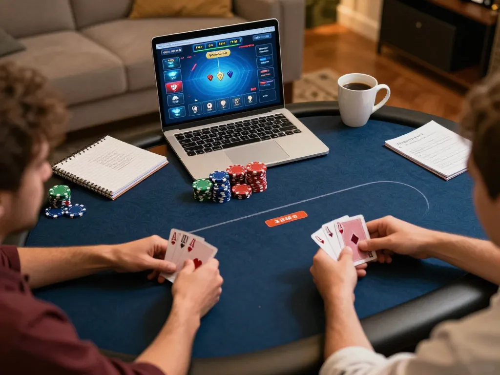 Players strategizing at Jun88 online poker table during a cozy home gaming session.