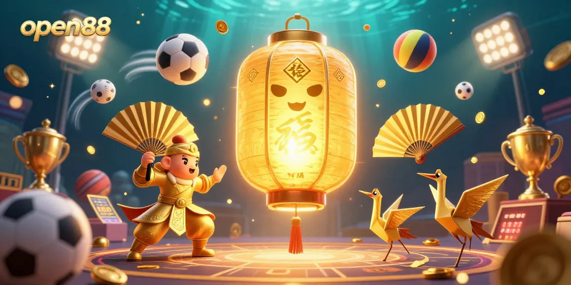Engage with exciting gaming at open88, featuring a dynamic 3D casino illustration with sports elements and rich details.