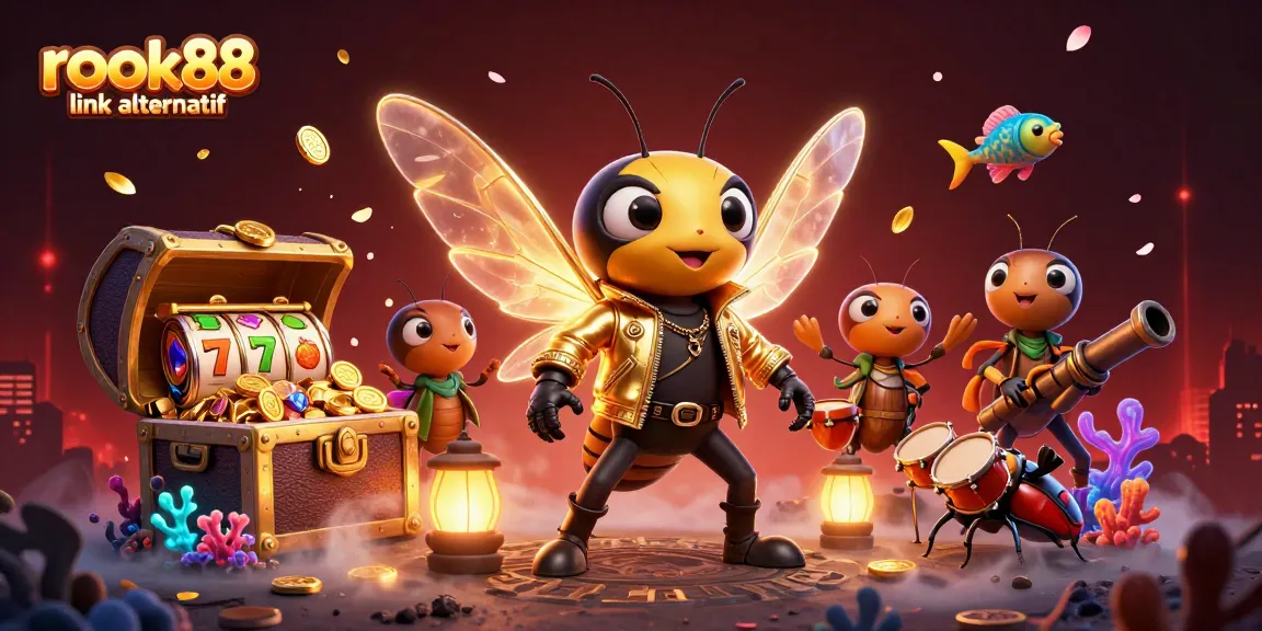 Engage with rokok88 link alternatif in a vibrant 3D casino scene featuring a cicada rock star.