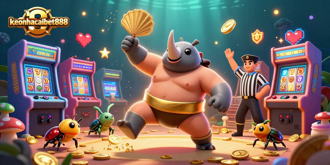 Engage with keonhacaibet888 as the sumo beetle stomps golden coins in an animated casino scene.