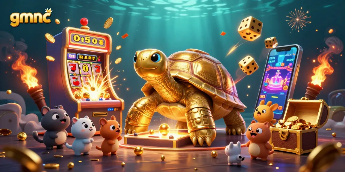 Engage with gmnc in a vibrant casino scene featuring a giant tortoise pinball machine, slot machine jackpots, and golden treasures.