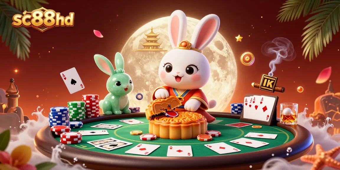 Experience thrilling games at sc88hd with poker chips swirling around golden mooncakes and enchanting moonlit scenes.