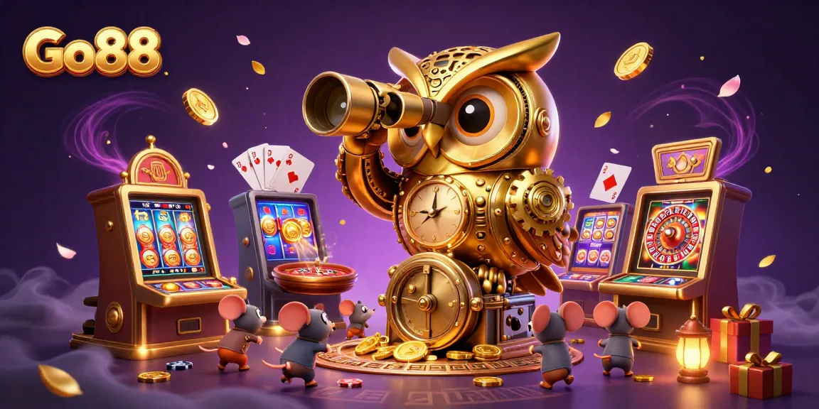 Spin to win with Go88's dynamic gaming scene featuring a clockwork owl and colorful slot machines.