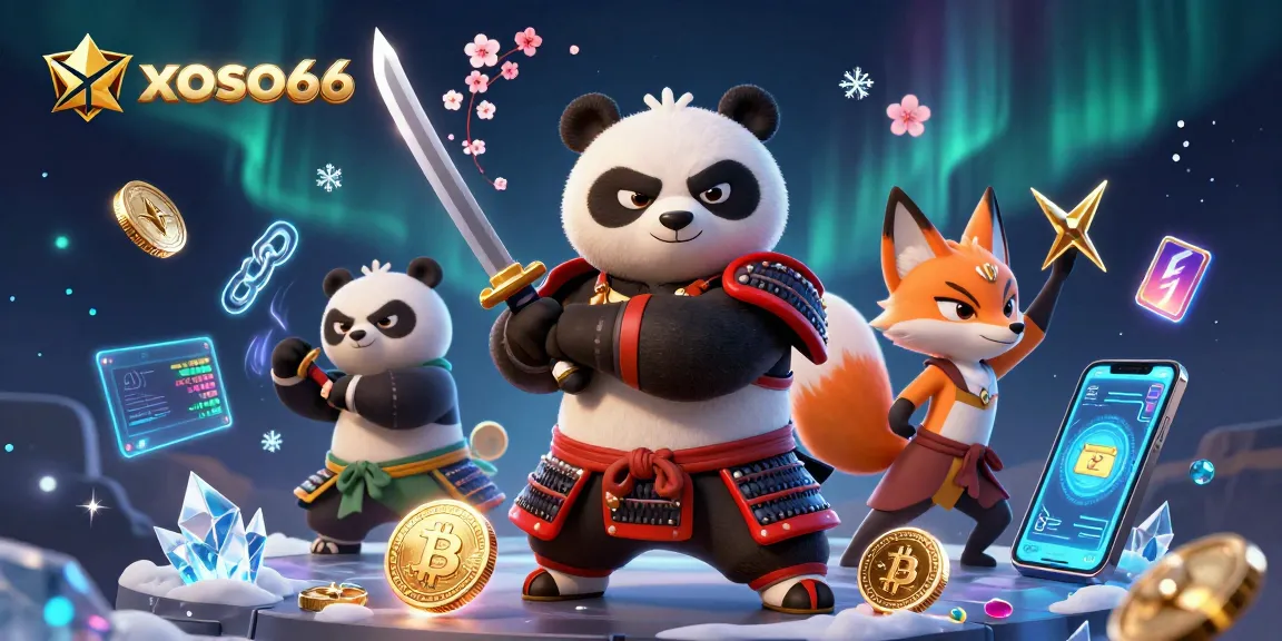 Engage with xoso66 through an exciting illustration featuring samurai panda and ninja fox in a vibrant, casino-themed scene.