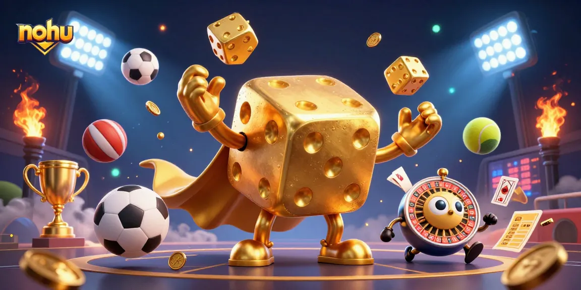 Nohu gaming illustration showcasing a dynamic scene with a dice golem, sports elements, and rich detail.